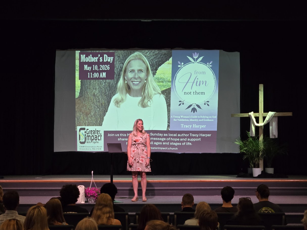 Tracy Harper speaking on stage at a Mother’s Day service at Greater Impact Church