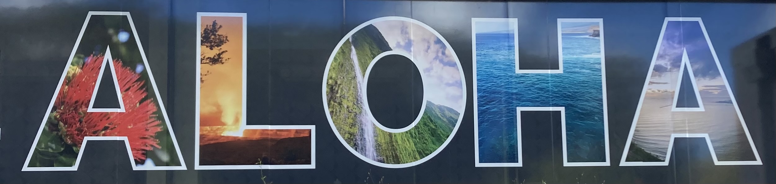 Hawaii scenes of ocean, volcano, and plants fill in large letters of the spelled word ALOHA
