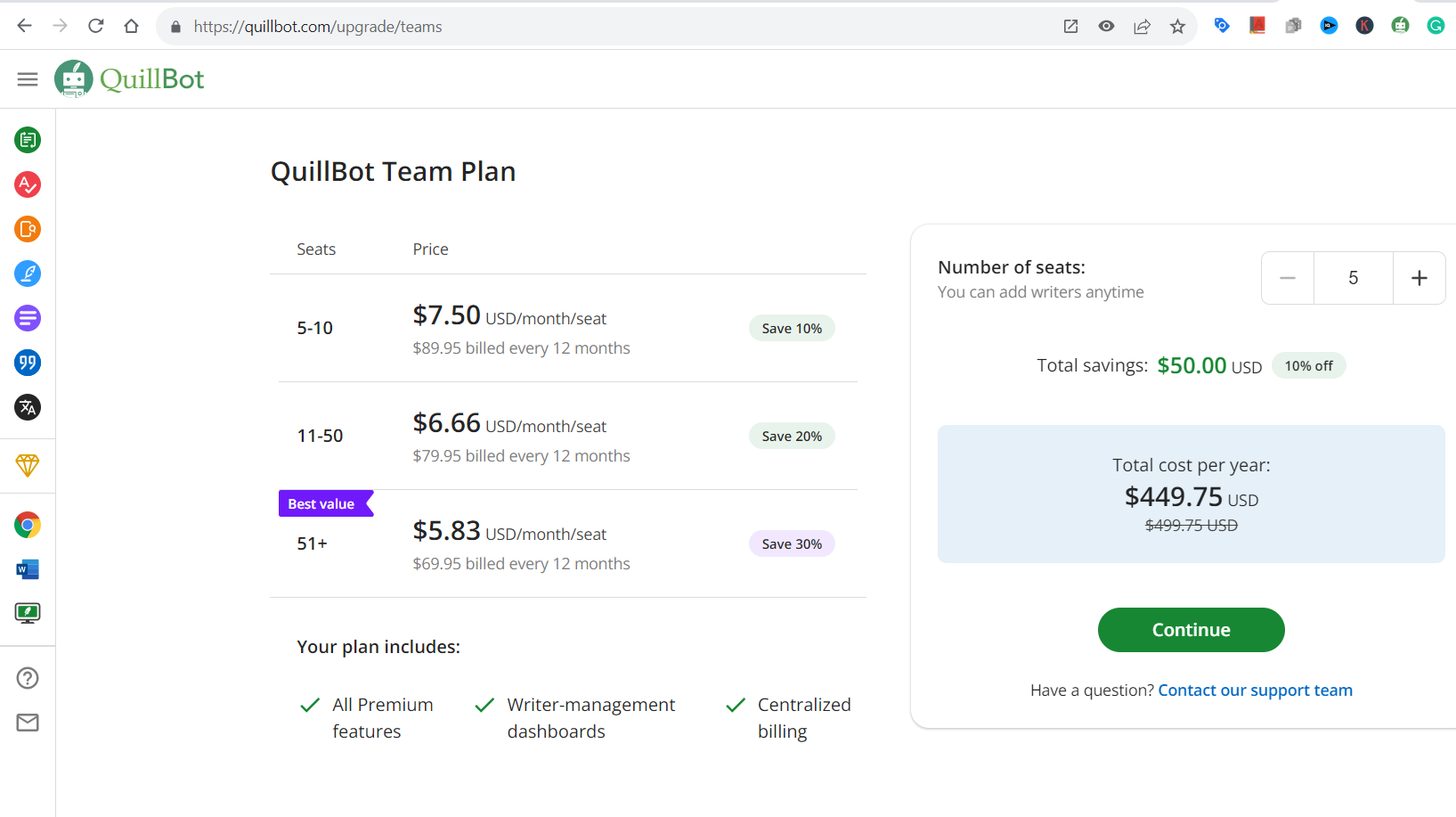 quillbot team pricing plan