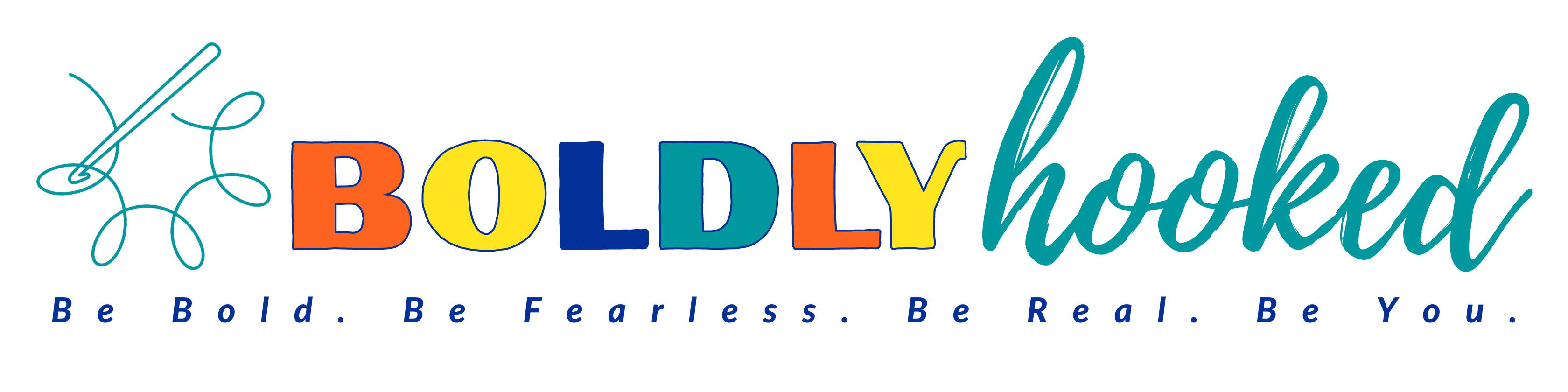 Boldly Hooked logo with colorful letters and tagline Be Bold. Be Fearless. Be Real. Be You