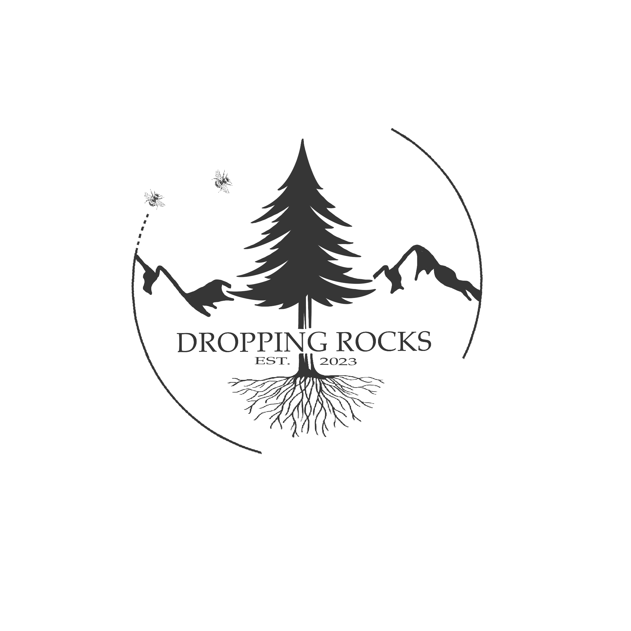 droppingrocks.com logo with tree, tree roots, mountains, and bees inside semi-circle