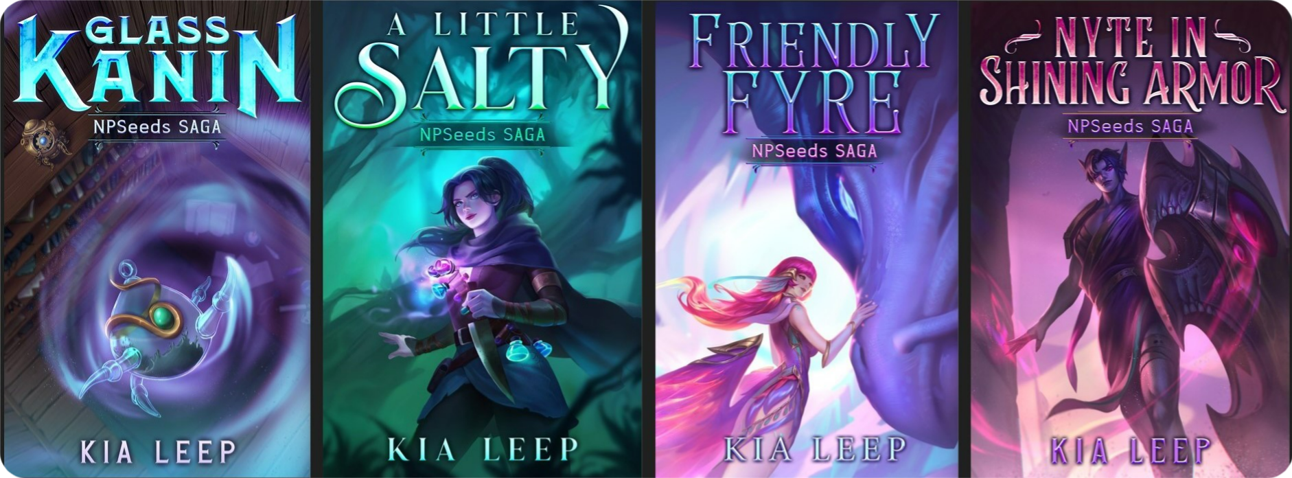 A picture of the four main NPSeeds Saga books. From Left to right: Glass Kanin, A Little Salty, Friendly Fyre, and Nyte in Shining Armor