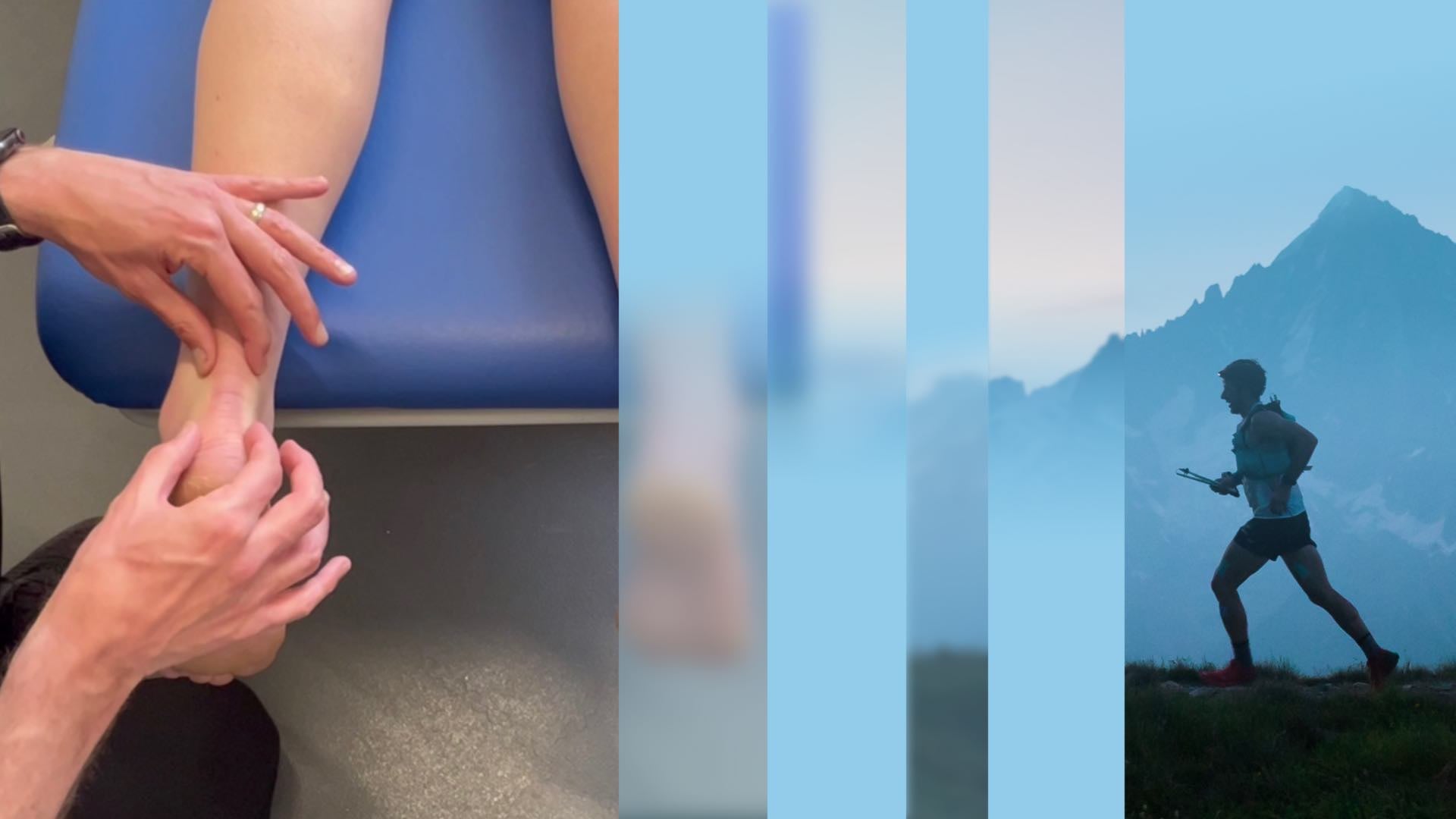A clinician palpating a patient’s Achilles tendon, beside a trail runner against a mountain skyline