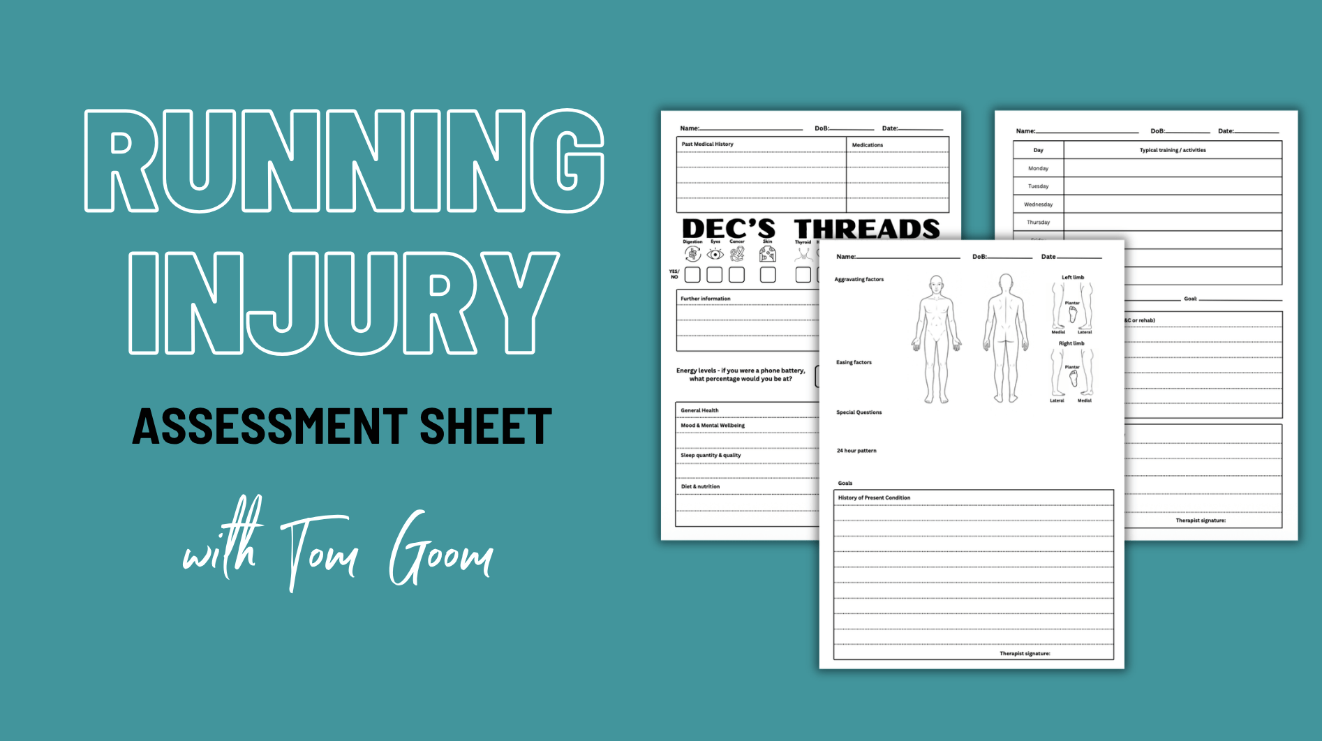 Running injury assessment sheet with Tom Goom: three printed assessment pages