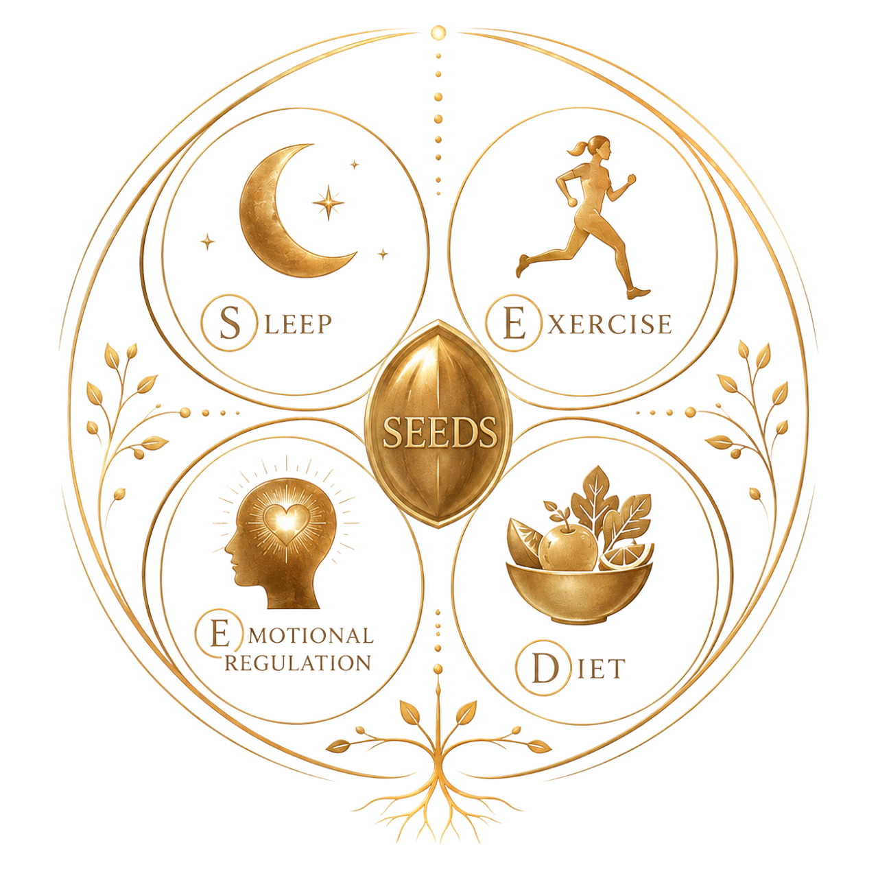 SEEDS. Sleep, exercise, emotional regulation and diet, drawn as four circles around a seed.