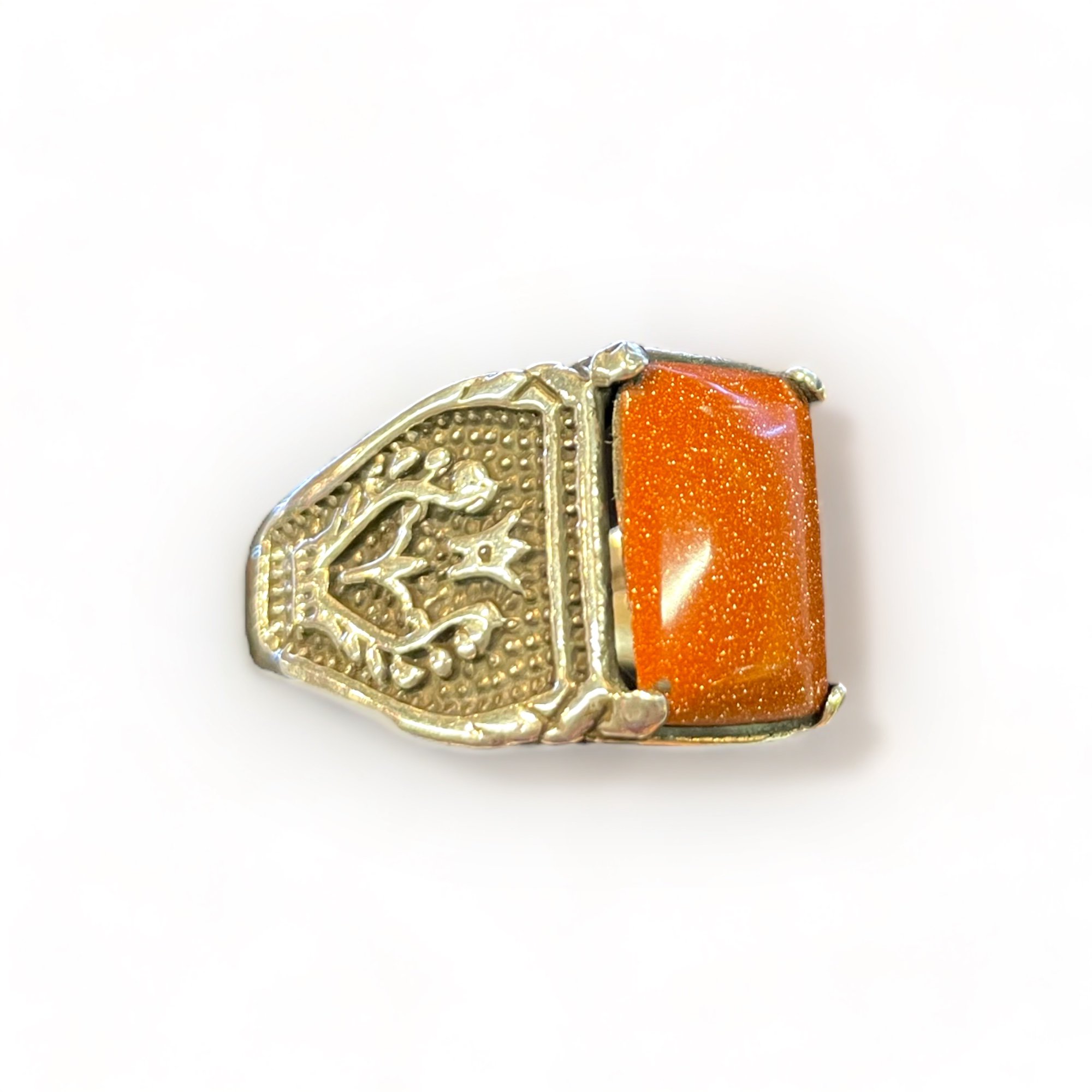 Ring with Big Rectangle Goldstone and an emblem on the sides