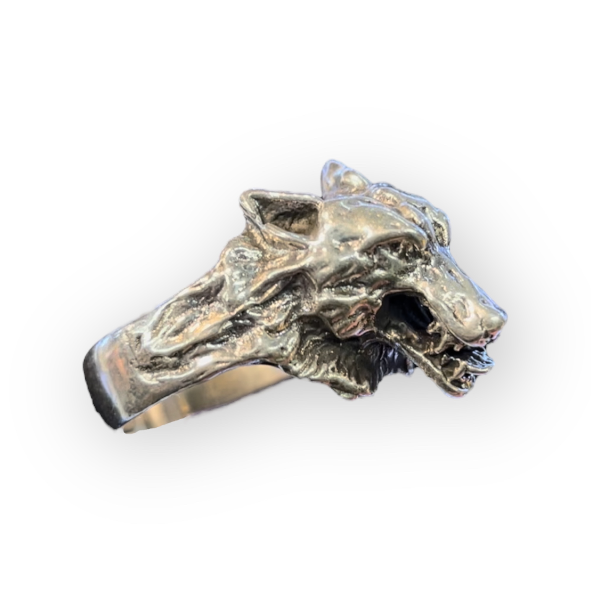 Detailed silver wolf ring