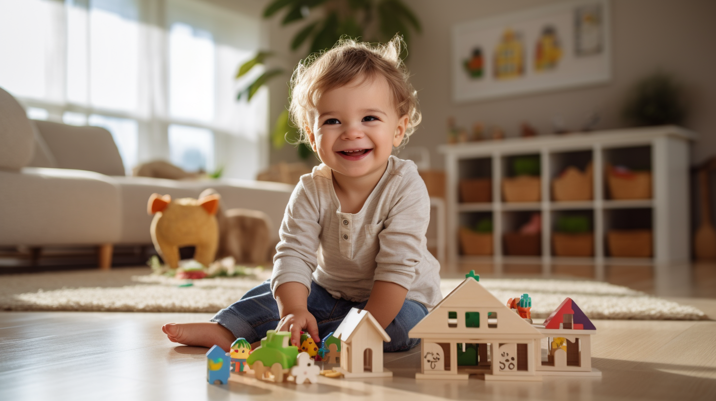 Smiling toddler joyfully playing with Montessori toys on the classroom floor, with organized open shelving filled with learning materials visible in the background.