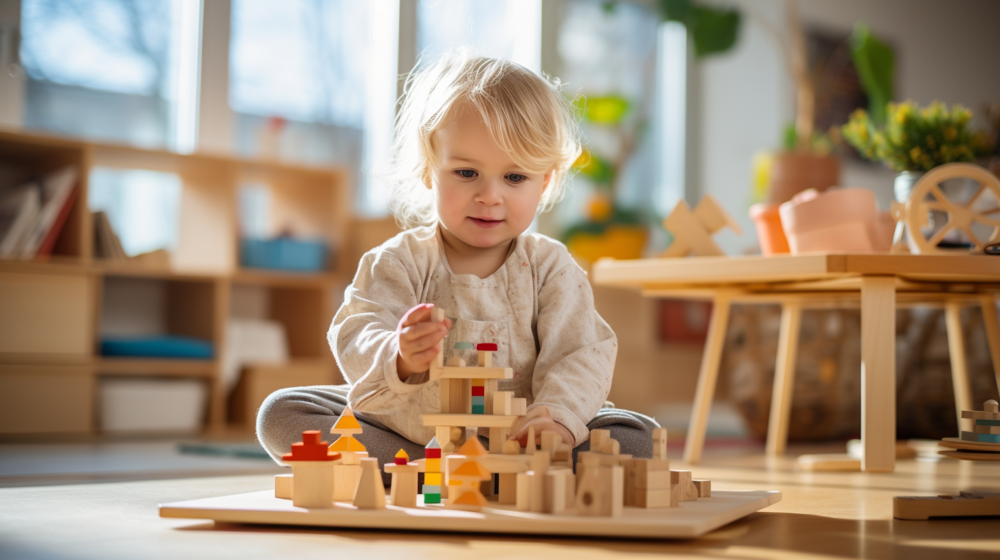 Focused toddler immersed in play with Montessori toys, seated on the classroom floor, exploring and learning through hands-on engagement.