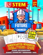 TEM Kindergarten Workbook • Mazes • Counting • Tracing • Coloring • Connect the Dots: Engineer • Diggers Construction • Science Technology Ages 5+