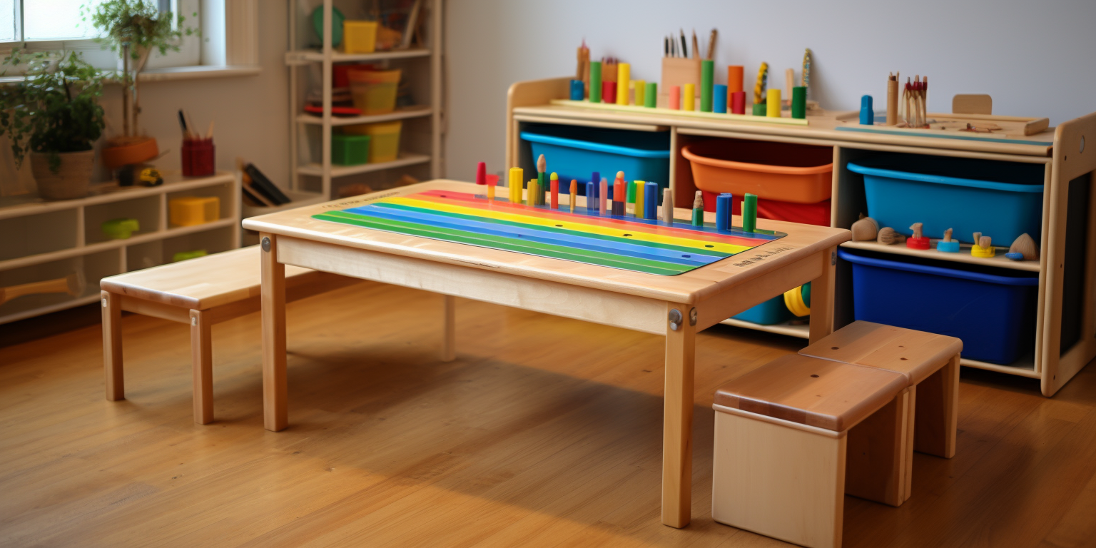 Spacious and organized Montessori classroom with child-sized furniture, open shelves displaying learning materials