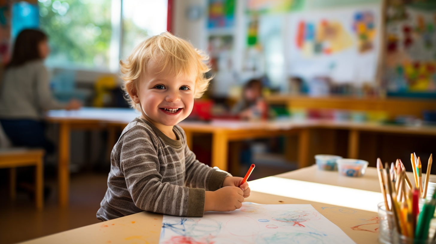 Joyful toddler in a Montessori classroom setting, enthusiastically drawing with colorful crayons on paper.