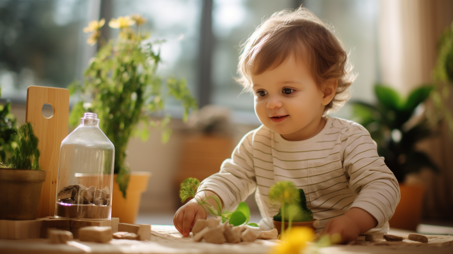 Adorable toddler deeply engaged in play with Montessori nature supplies, exploring textures and shapes with curiosity.
