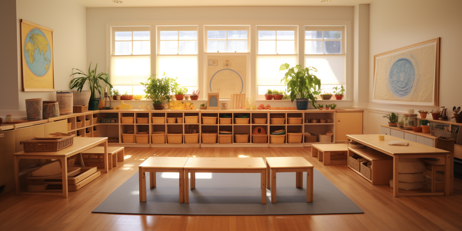 Bright and neatly-arranged Montessori classroom bathed in natural daylight, showcasing orderly open shelves with learning materials and child-sized furniture.
