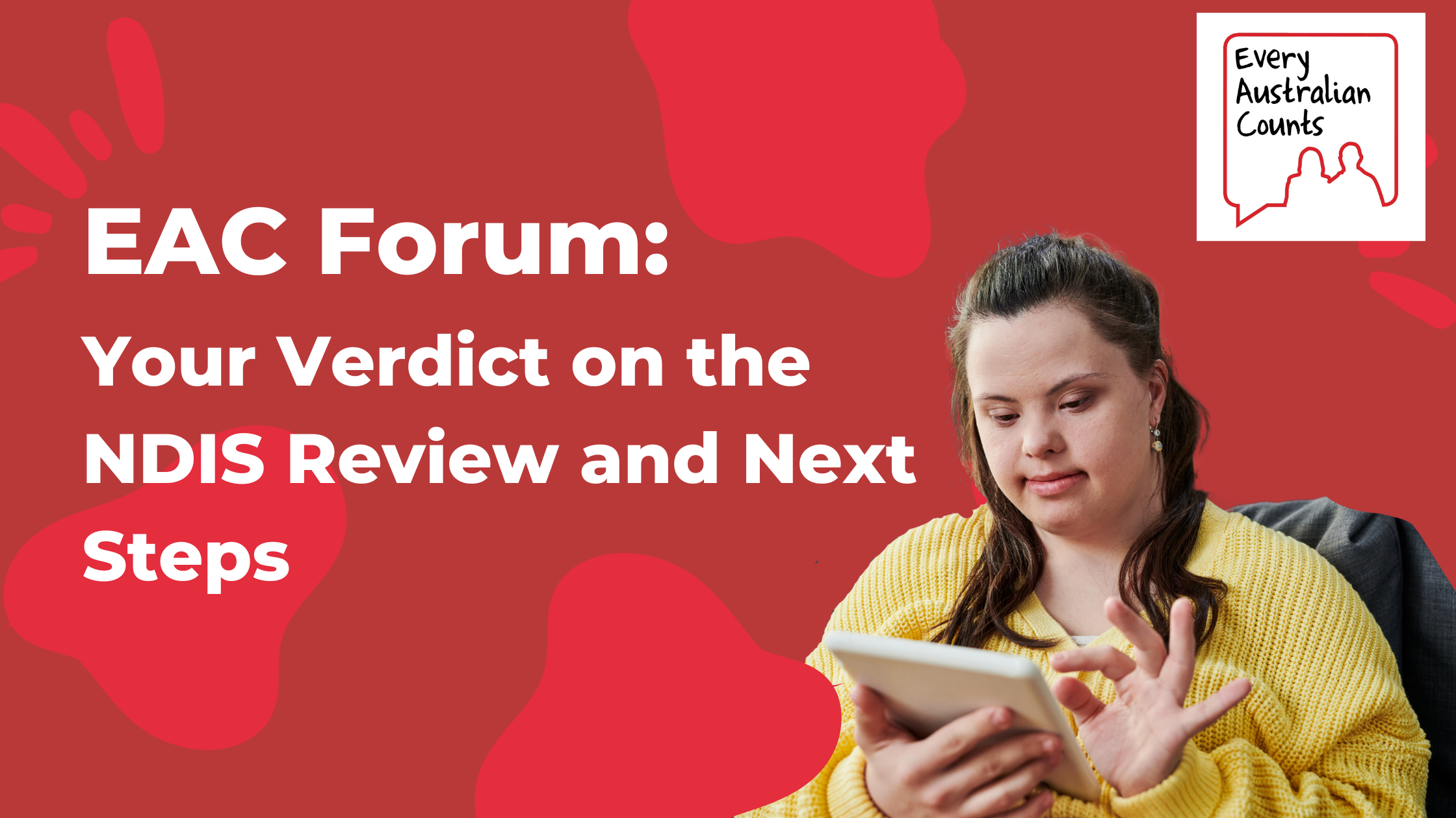 A graphic with a red background and light red organic shapes. Over the background is white text that reads 