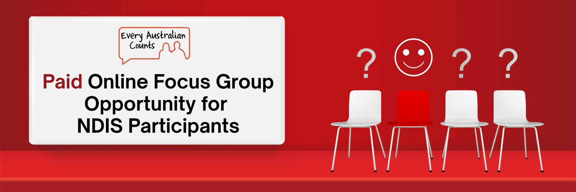 Red background with four chairs, one red and three white, along with question marks and a smiley face icon. A white box contains the Every Australian Counts logo and text: 