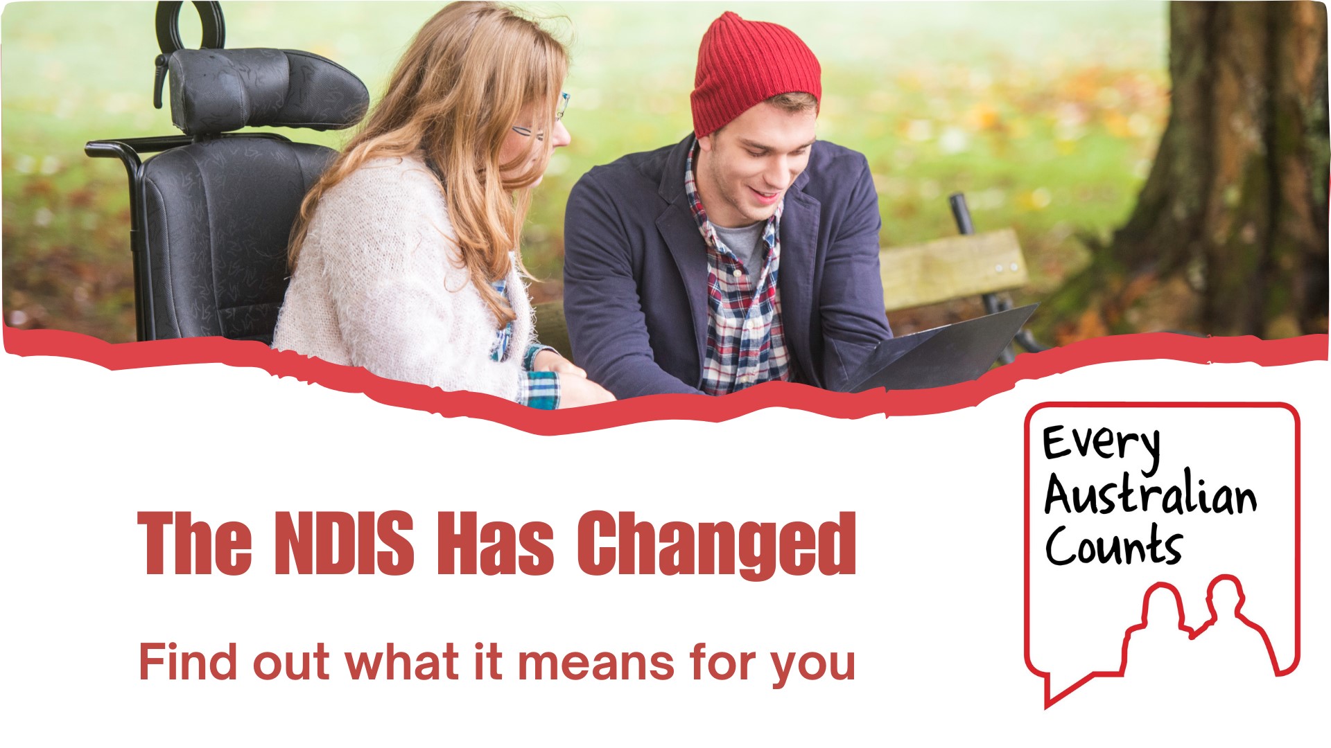 A picture of 2 people sitting on a park bench, one of them is in a wheelchair. Underneath the text says, the NDIS has changed, find out what it means for you.