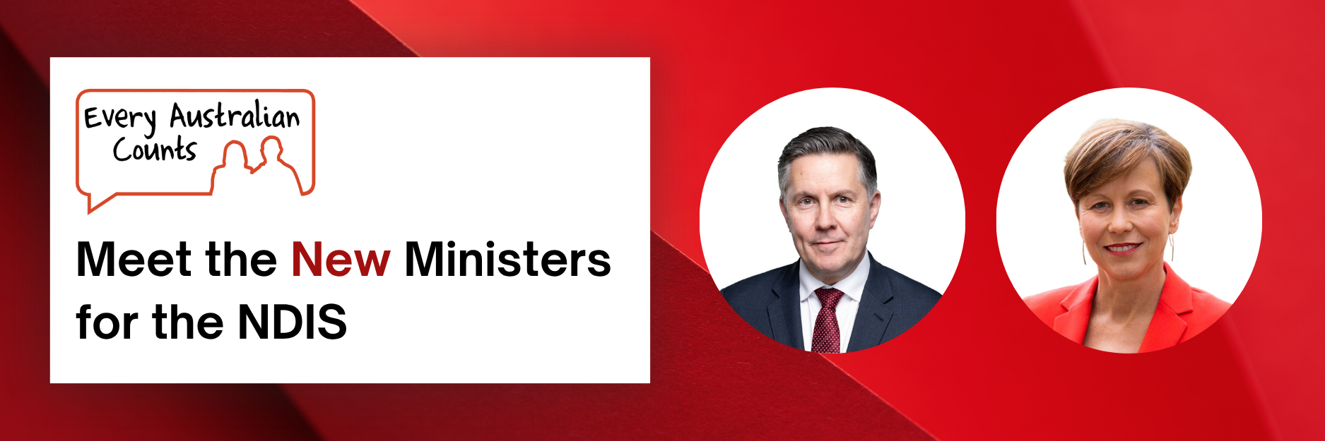 Red background with geometric shadows. On the left, a white box contains the Every Australian Counts logo and the headline: 