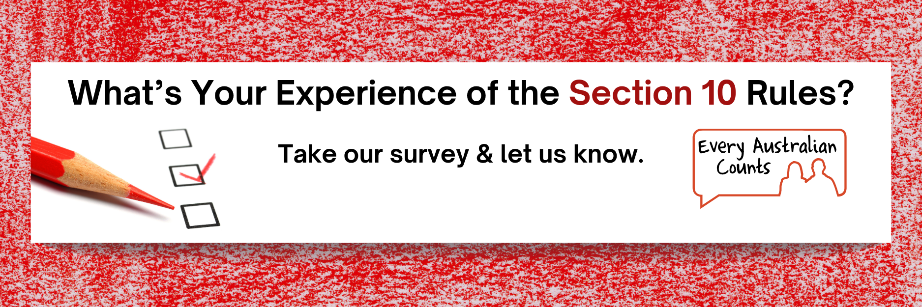 Red textured background. A white box contains a red pencil ticking a checkbox and text that reads: 