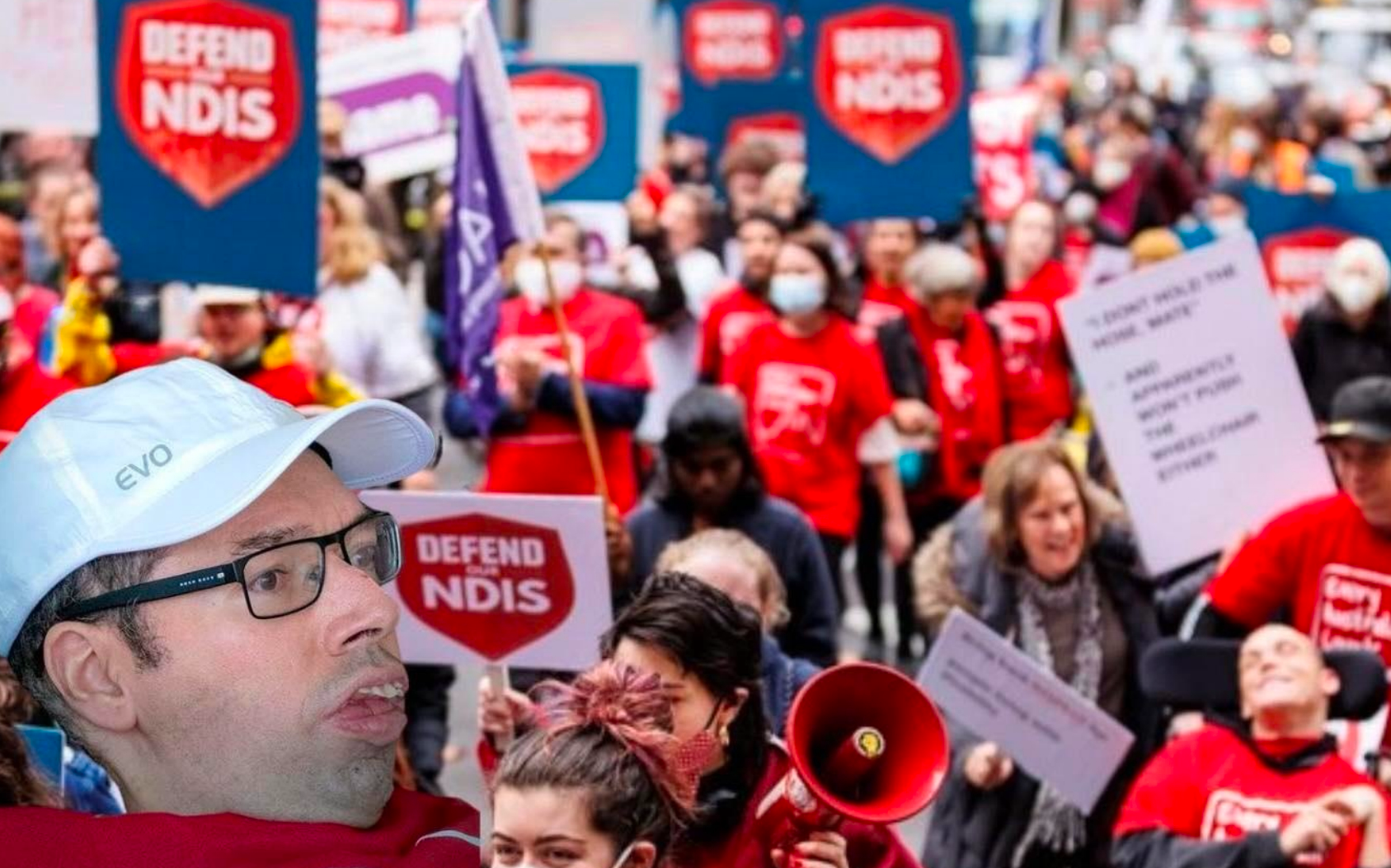 A group of advocates from Every Australian Counts protesting in the background with Dr George Taleporos' face in the foreground