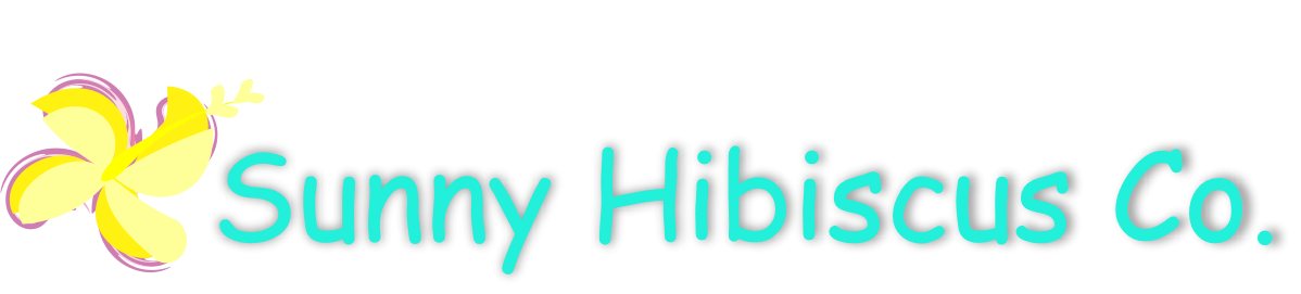 Sunny Hibiscus LLC Logo, a yellow and purple hibiscus followed by 