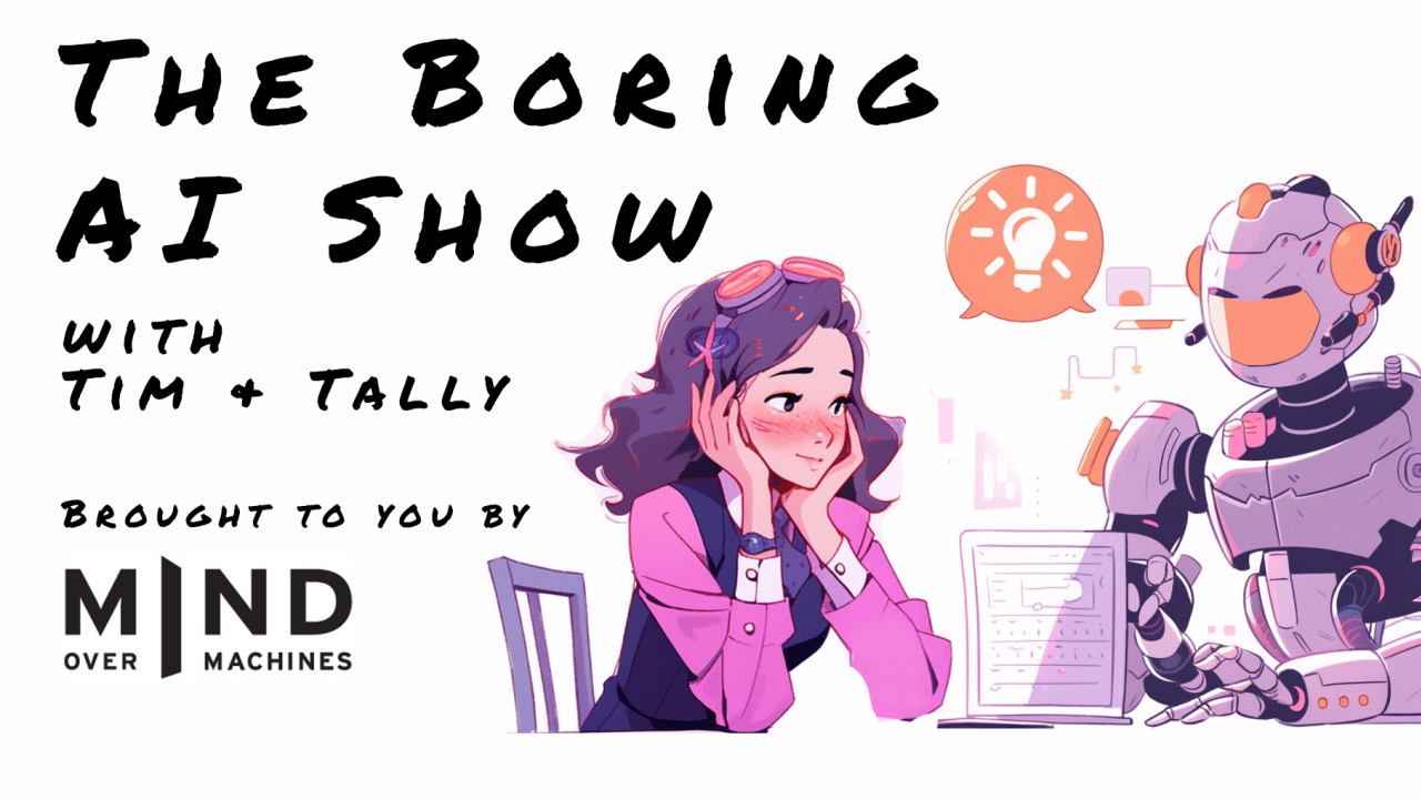 The Boring AI Show header with a woman and robot working together at a desk.