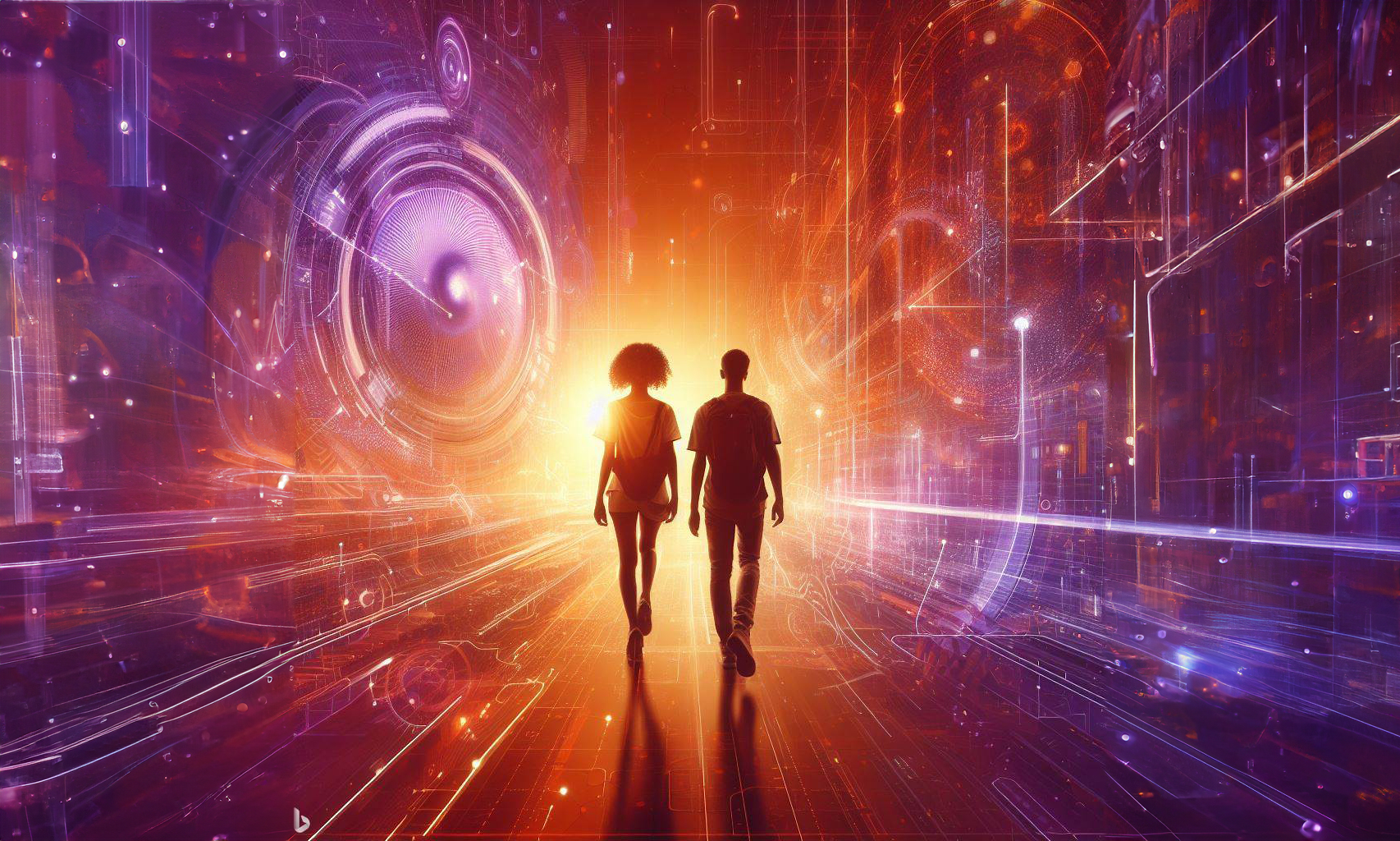 two people walking through a digital hallway in the colors of orange and purple