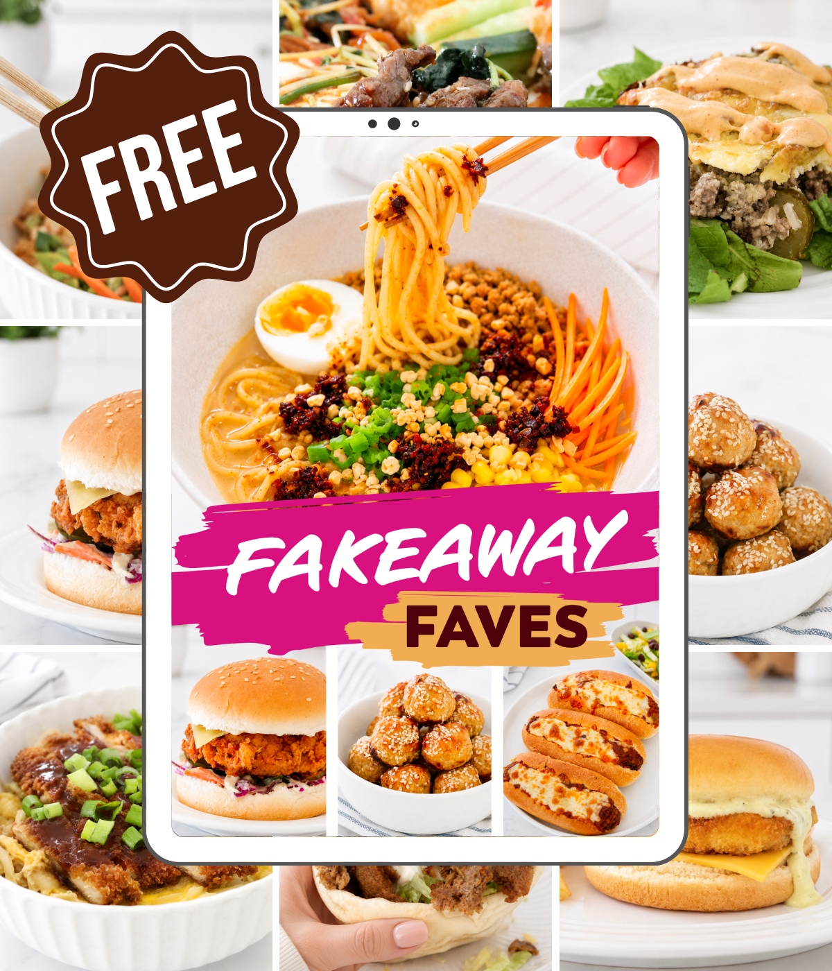 Fakeaway Faves ebook cover and recipe collage