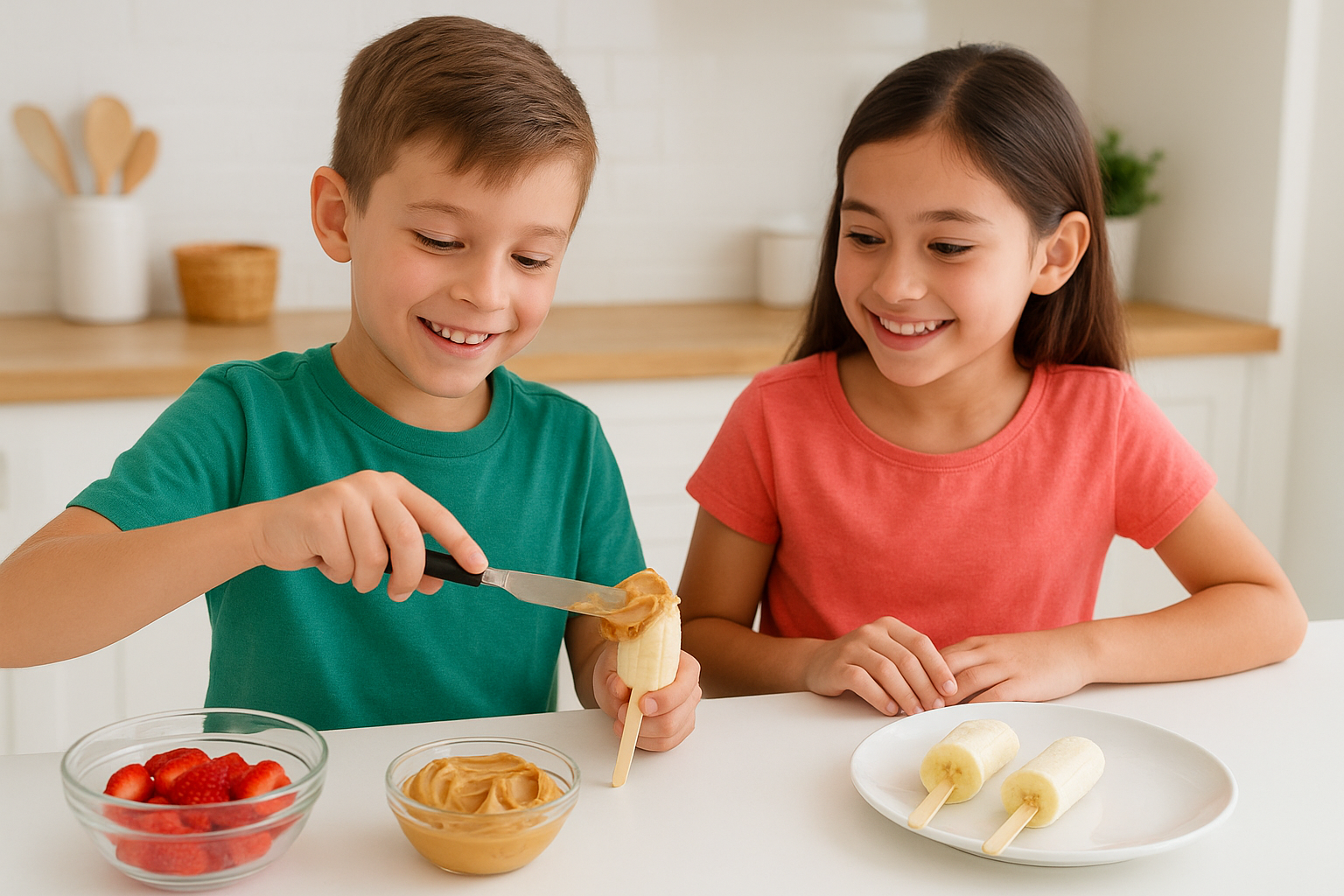 Kids in the kitchen spreading peanut butter on a banana for the Banana Pops recipe.
