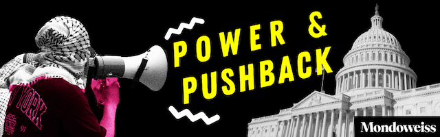 Email header for The Shift newsletter. The dome of the U.S. Capital building is seen on the left side of the image, which is artificially colored with a blue gradient to lend it a menacing appearance.