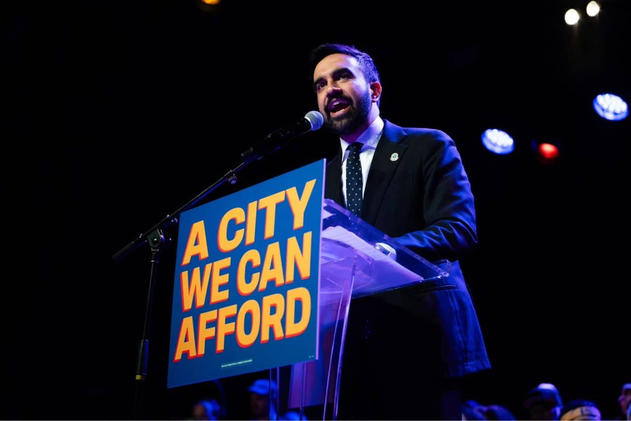 Zohran Mamdani seen on stage at a campaign event. (Photo: Zohran Mamdani campaign)