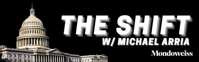 Email header for The Shift newsletter. The dome of the U.S. Capital building is seen on the left side of the image, which is artificially colored with a blue gradient to lend it a menacing appearance.