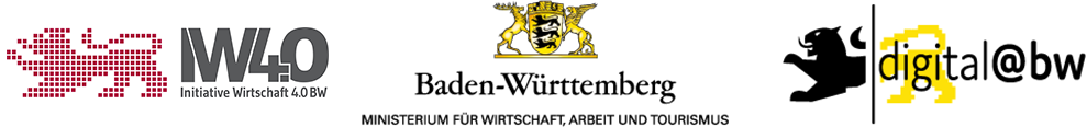 Banner with funding logos of de:hub Karlsruhe: Initiative Economy 4.0 (IW40), Ministry of Economics Baden-Wuerttemberg, digital@bw