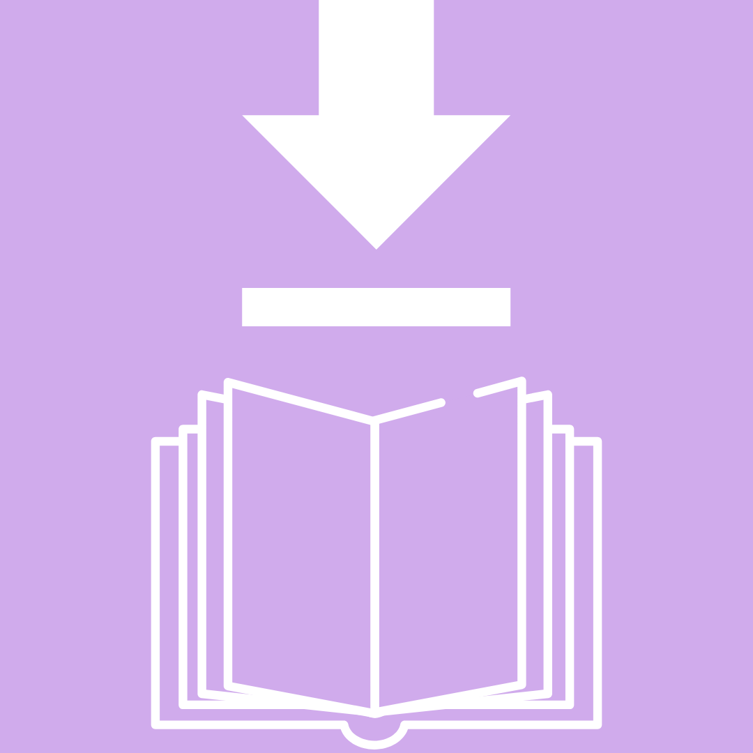 A download arrow pointing to an open book
