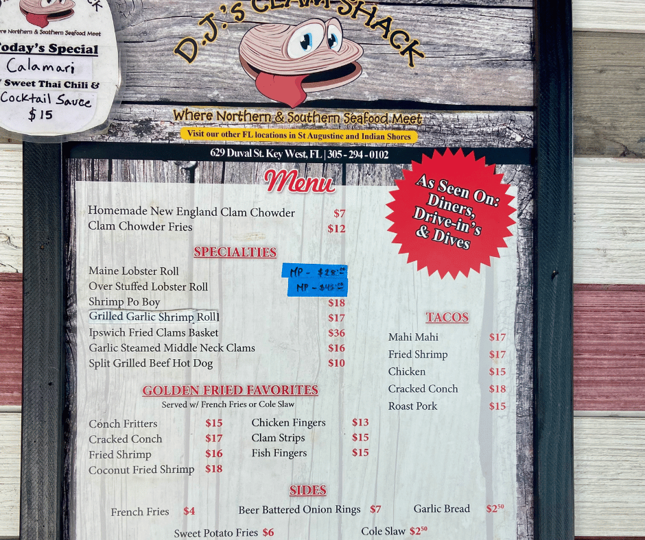 DJs clam shack menu with prices, Key West Florida