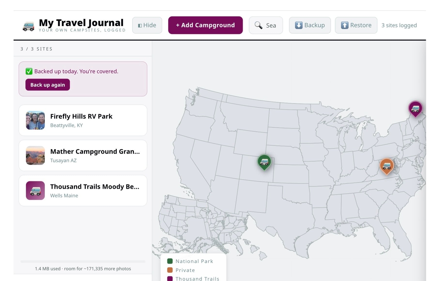 Your Travel Journal app showing the campground map with a pin selected