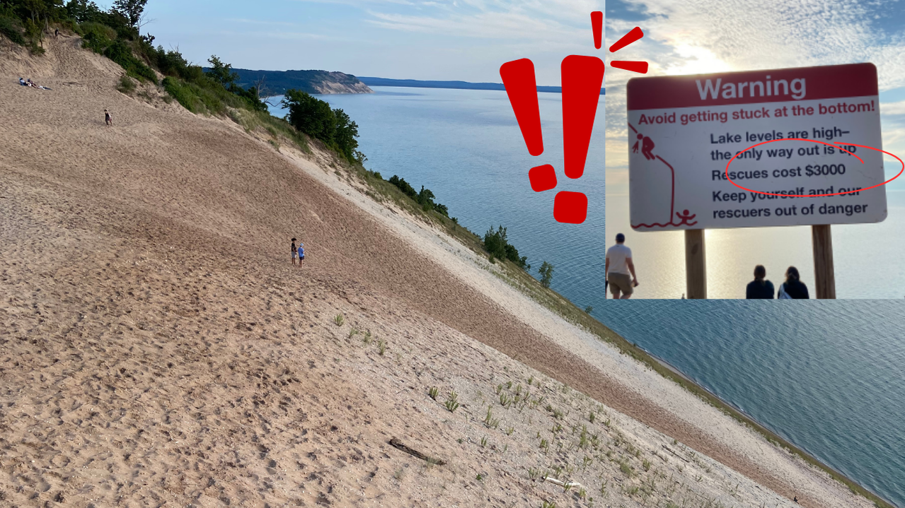 Sleeping Bear Dunes dune drop warning sign