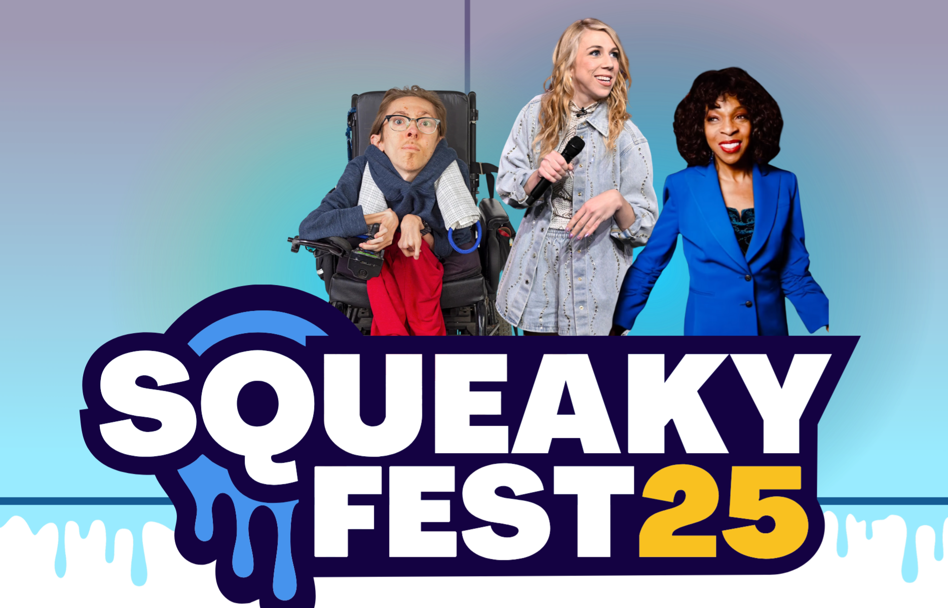 a hero graphic with 3 comedians reading SQUEAKYFEST25