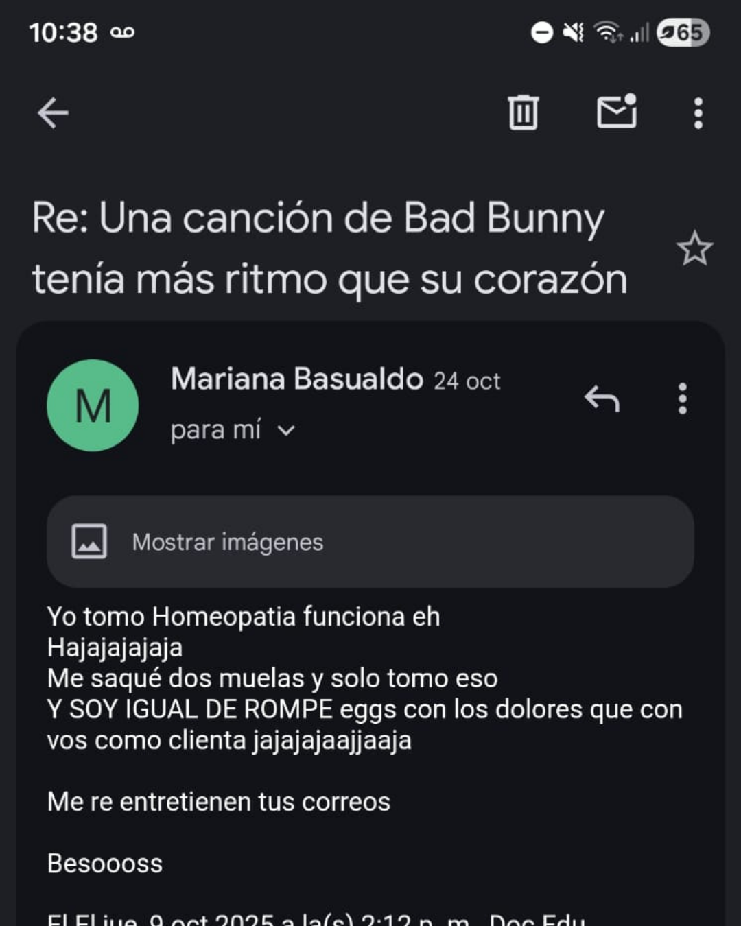 Respuesta de Mariana a un correo de Doc Edu: me re entretienen tus correos