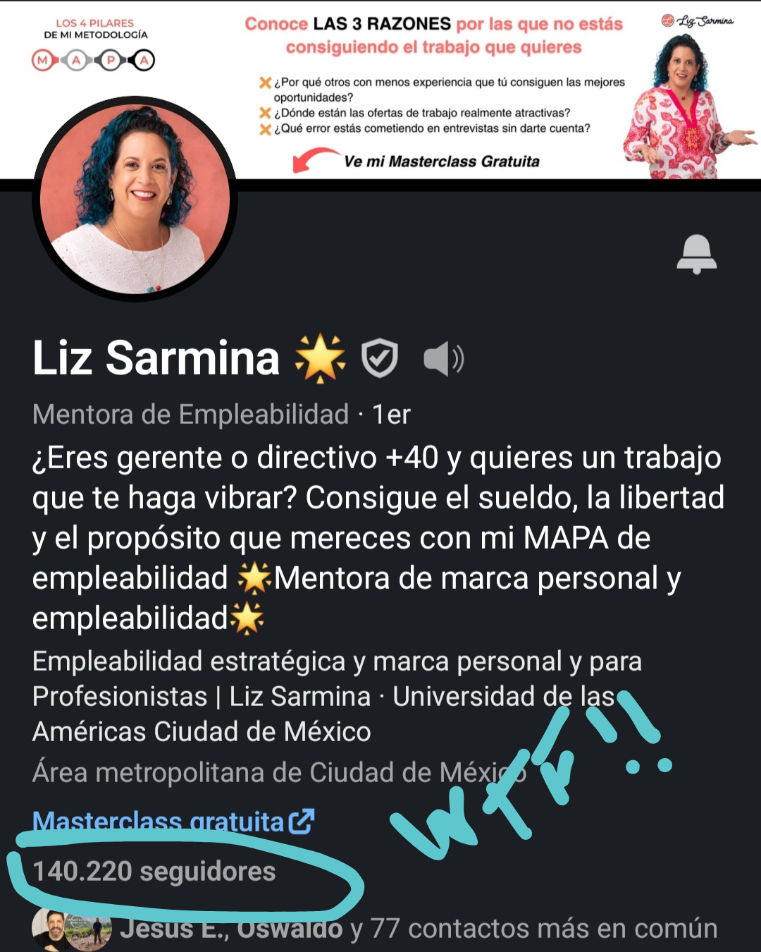 El perfil de LinkedIn de Liz Sarmina, con 140 mil seguidores