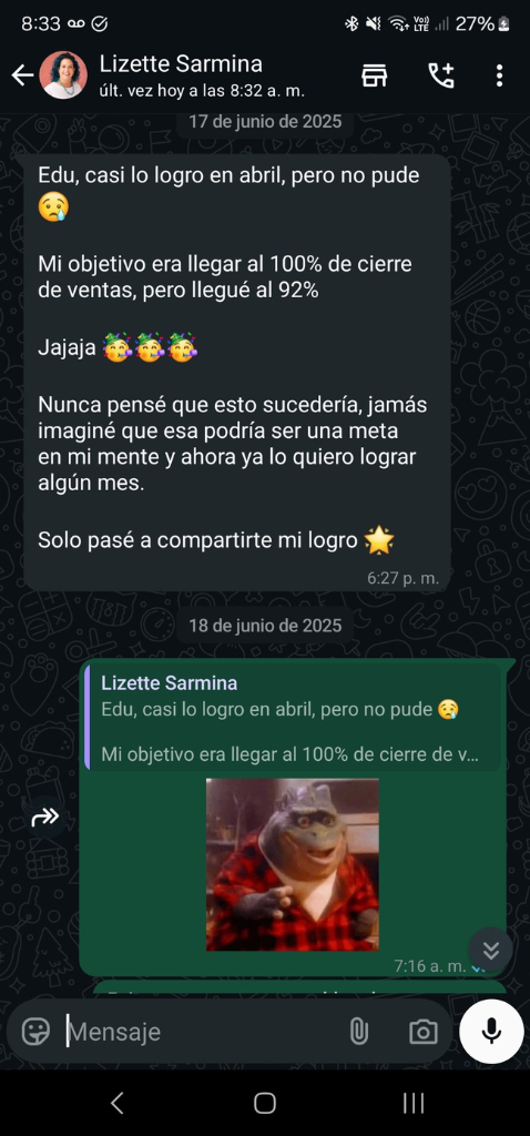 Captura de WhatsApp de Liz: casi lo logro en abril, llegué al 92% de cierre de ventas