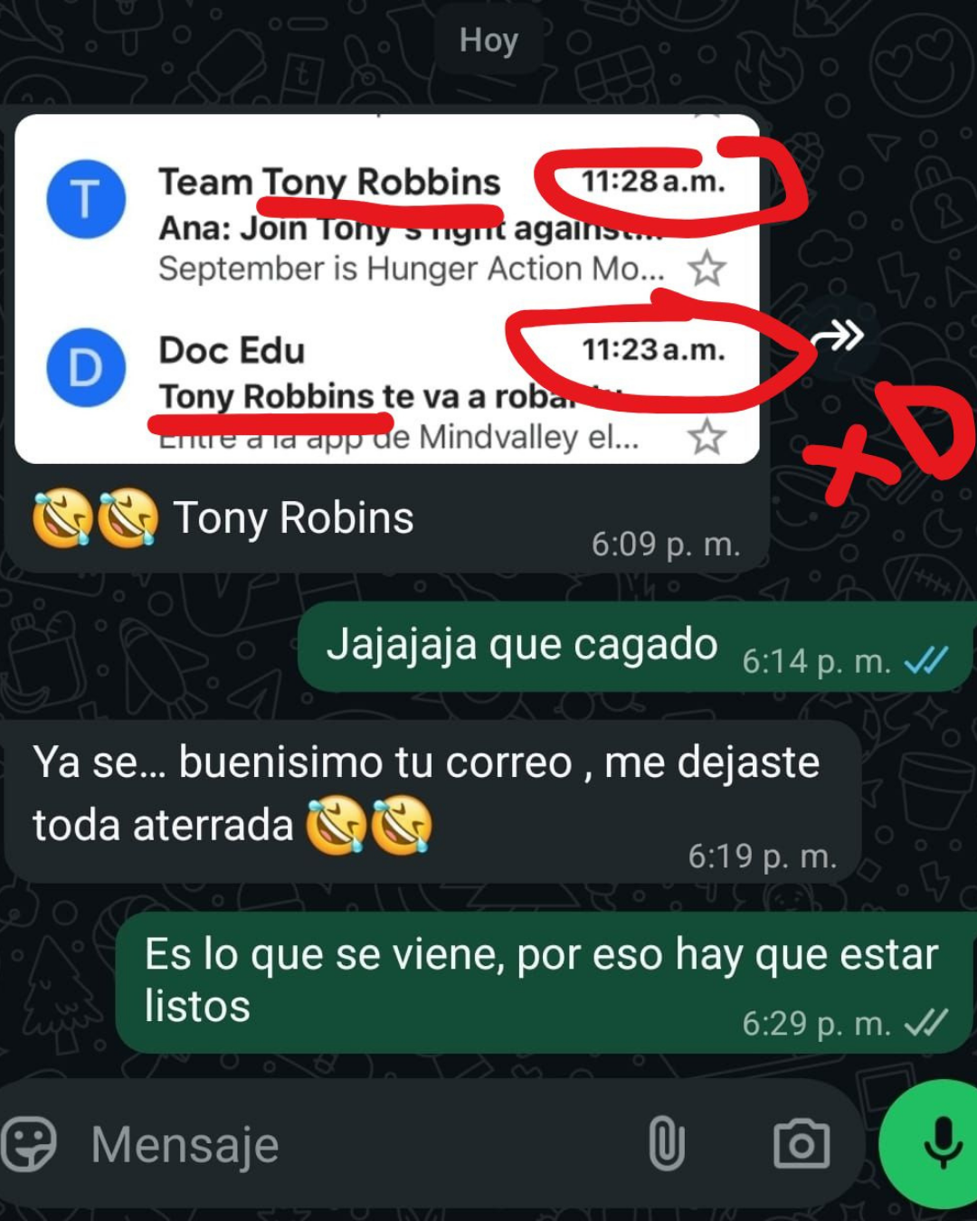 WhatsApp de una lectora: el correo de Doc Edu llegó antes que el del mismísimo Tony Robbins