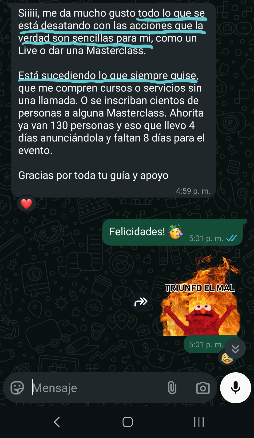 Mensaje de Liz celebrando que las cosas se están moviendo