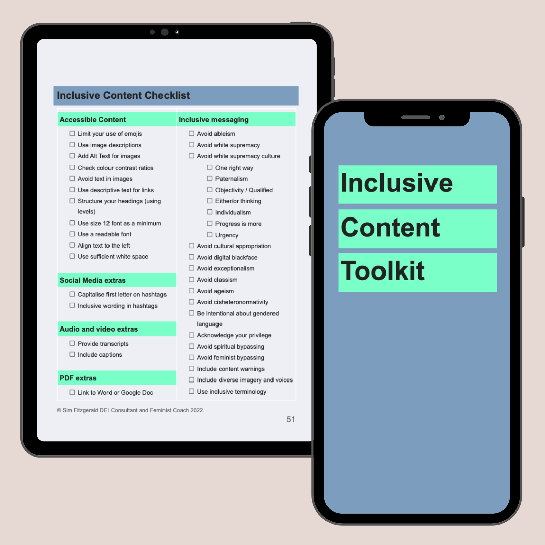 mock up of a mobile phone with the front page of the Inclusive Content Toolkit. Behind is a mock up of a computer screen showing the checklist page of the Inclusive Content Toolkit.
