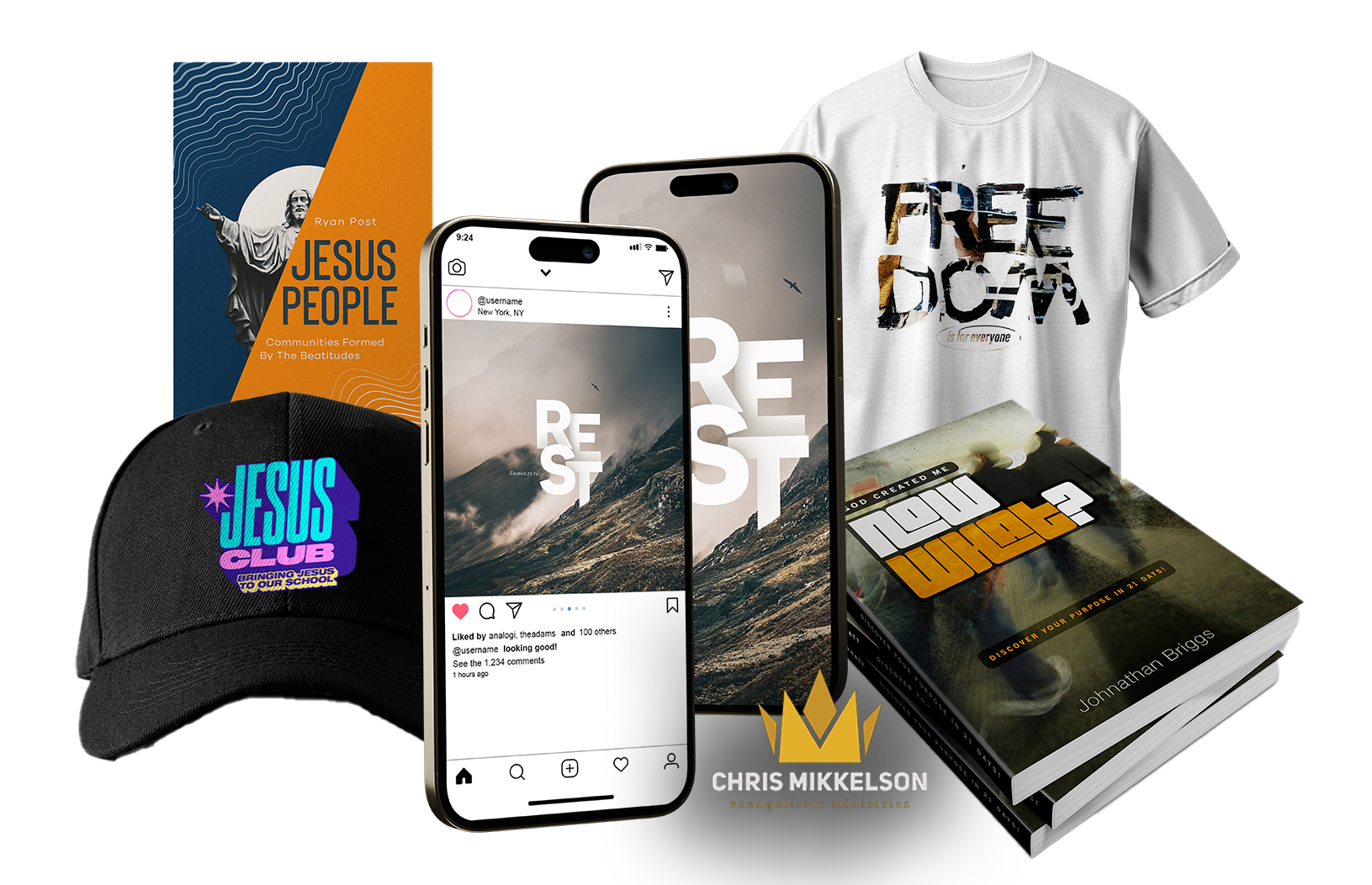 Design collage including: a blue and orange book cover "Jesus People," black baseball cap with vibrant print of "Jesus Club," social media image of typographical treatment of "Rest" shown on two mobile devices, white tshirt featuring hand-drawn-font "Freedom," two books stacked showing the cover art and title of "Now What?"
