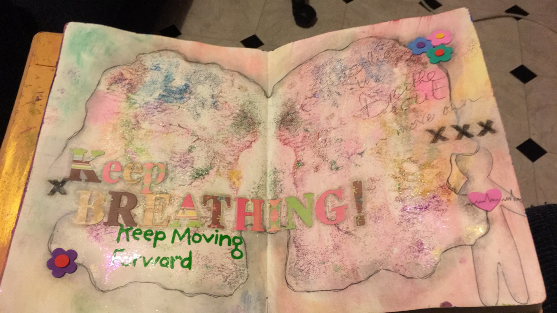 Art journal spread with glittery pastel wings and the words 'Keep Breathing! Keep Moving Forward'