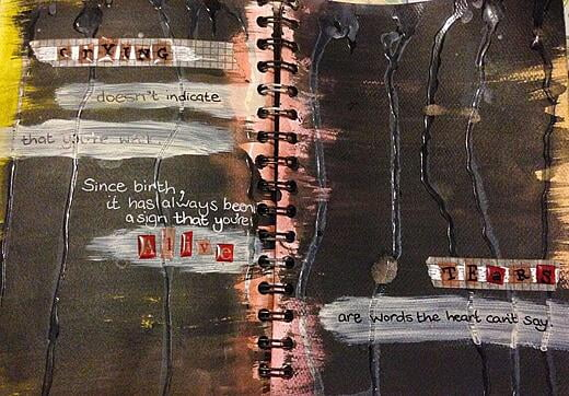 Black and white art journal spread with the handwritten words 'Crying doesn't indicate that you're weak, since birth it has always been a sign that you're alive. Tears are words the heart can't say'