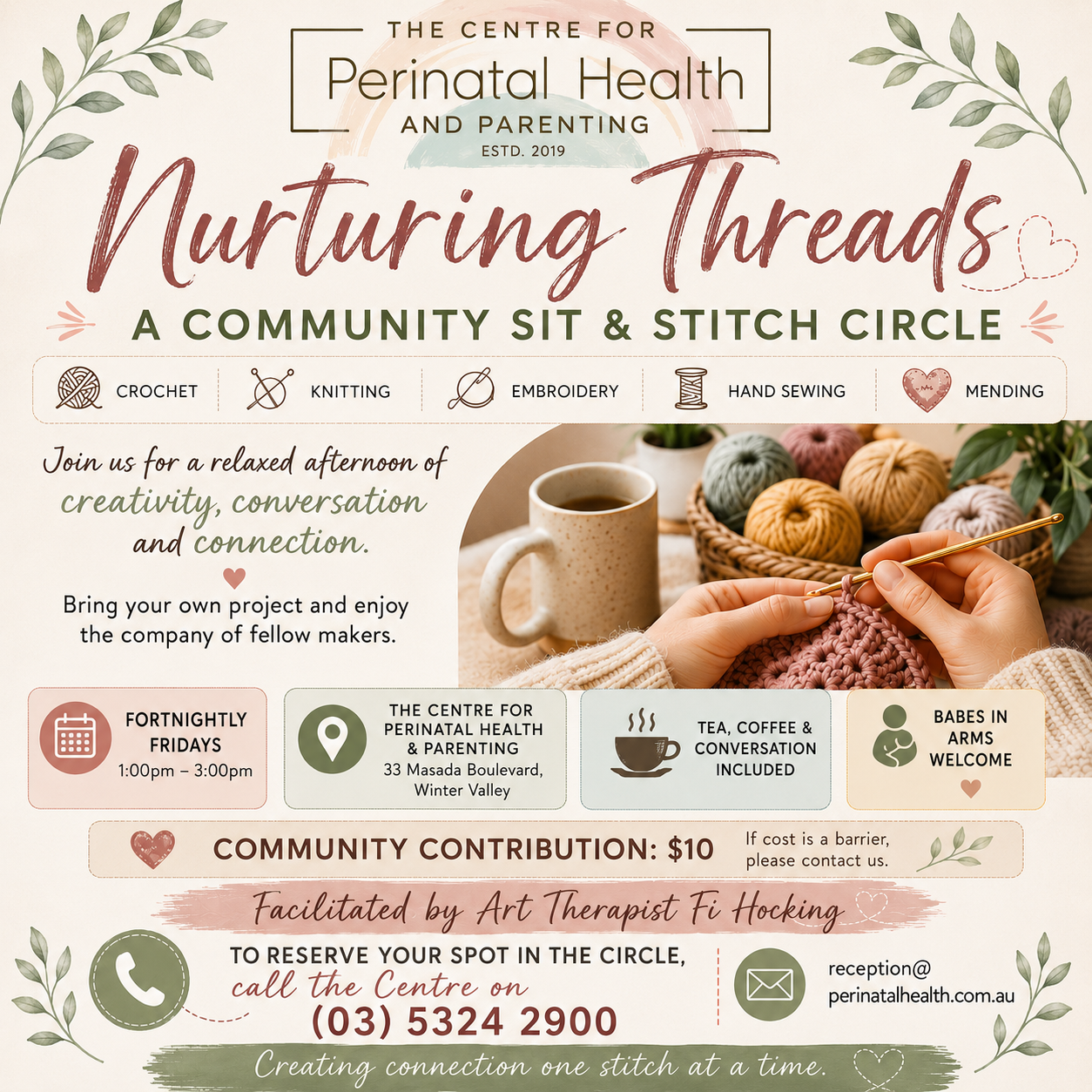 Nurturing Threads community Sit & Stitch Circle flyer — fortnightly Fridays 1–3pm at the Centre for Perinatal Health & Parenting, facilitated by art therapist Fi Hocking