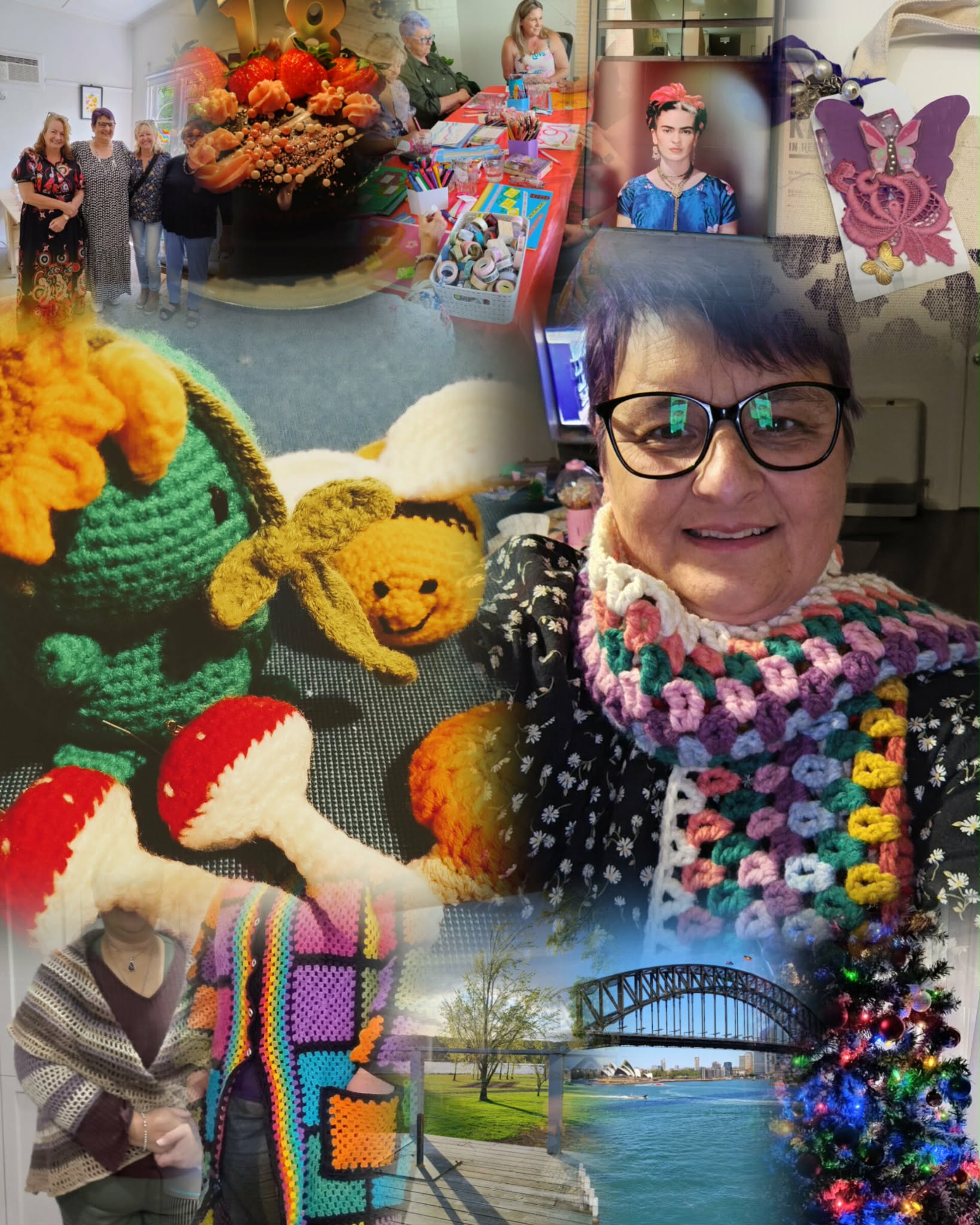 Personal photo collage including friends, crochet creations, travel photos of Sydney Harbour Bridge and Opera House, and a Christmas tree, reflecting Fi Hocking's creative life outside of practice