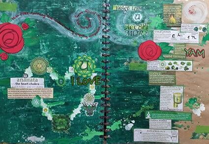 Green art journal spread exploring the heart chakra, featuring rose illustrations and the words 'I Love'